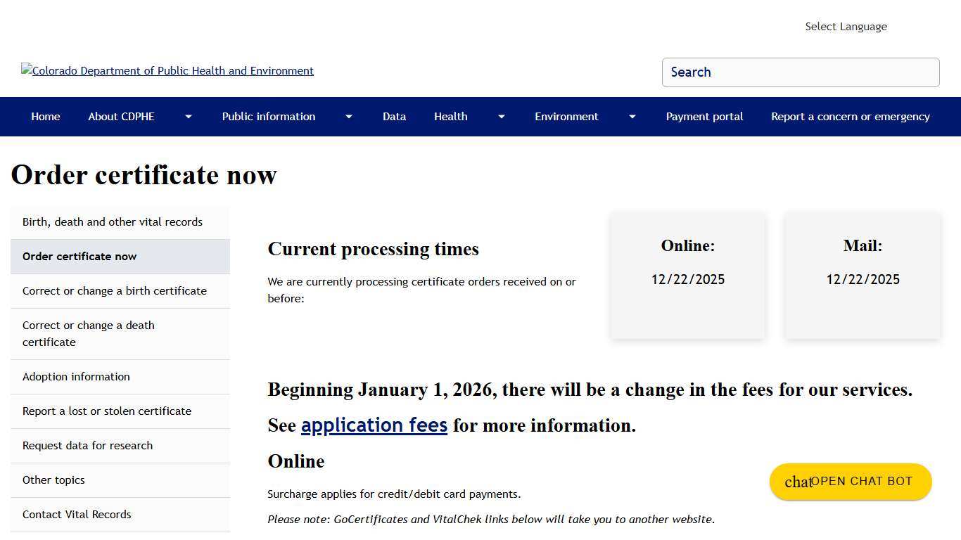 Order certificate now | Colorado Department of Public Health and Environment